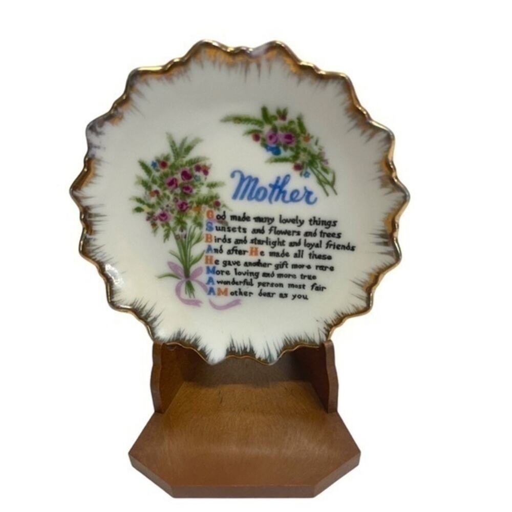 Vintage Hand painted Mother Porcelain Tiny Plate miniature poem floral gold